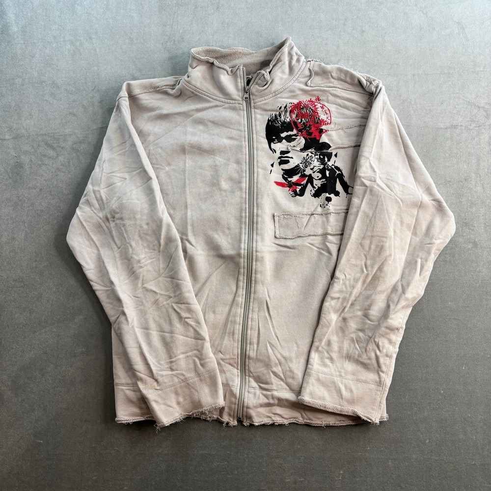 Bruce Lee Graphic Full Zip Jacket Distressed Raw Hem Beige Y2K Men's XL